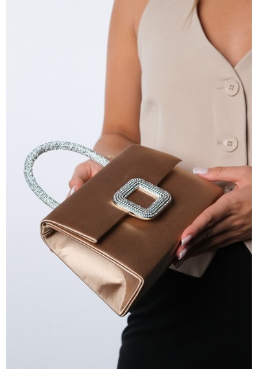 Valeria Koyu Bej Saten Taşlı Kadın El Çantası Koyu Bej