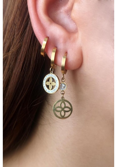 Altın Kaplama 316l Zirkon Taş Detaylı 3'lü Çelik Küpe Altın