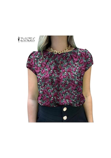 Mavi Zanzea Kadın Rahat Kısa Kollu O-boyun Yaz Çiçek Baskı Bluz