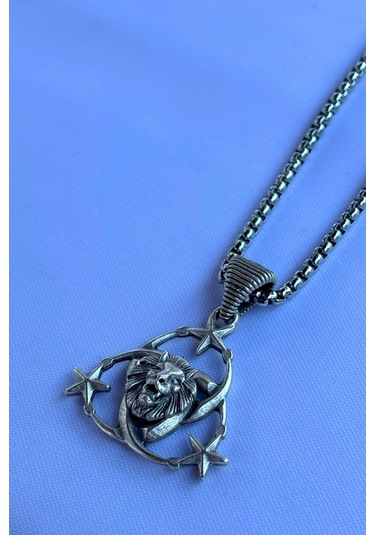 Aslanlı Ay Yıldız El İşçiliği Paslanmaz Çelik Zincir Erkek Kolye Gümüş