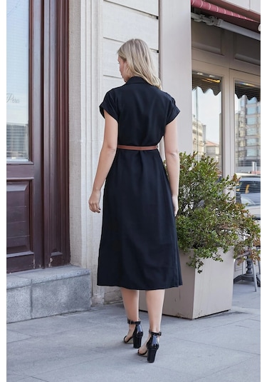 Kadın Twill Modal Yakalı Düşük Omuzlu Duble Kol Midi Boy Diz Altı Elbise Deri Kemer Dahil -siyah Siyah