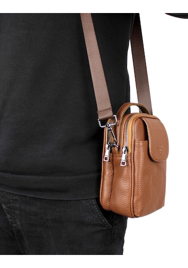 Erkek Kapaklı Çok Bölmeli El Ve Omuz Çantası Taba