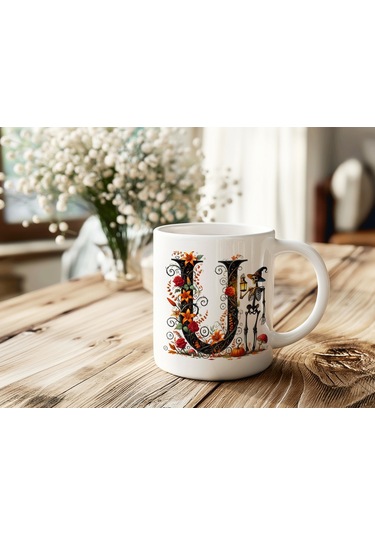 U Harfi Şapkalı İskelet Figürlü Ve Çiçekli Kupa Bardak - Cadılar Bayramı / Halloween Özel Hediye Beyaz