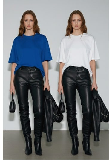 Soft&Basic Kadın 2'li %100 Organik Pamuk Oversize Fit Basic Yuvarlak Yaka T-shirt İndigo-beyaz