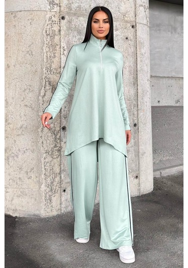 Mint Asimetrik Kesim, Fermuarlı Bluz & Bol Paça Pantolon - Viskon İki İplik Kumaş Alt & Üst Takım Mint