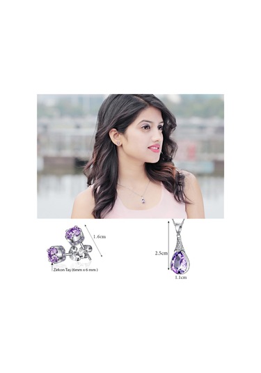Brezza Lusso Jewelry Gümüş Su Damlası Ametist Taşı Kadın Kolye Küpe Seti Gümüş Set