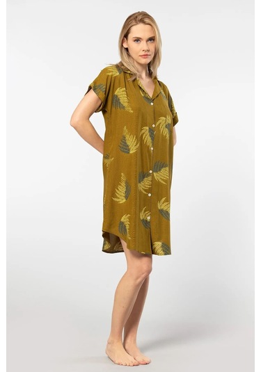 Türen 3601 Kadın Kısa Kollu Dokuma Gömlek Elbise -haki Haki
