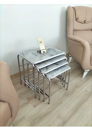 Evko Mobilya Buket Sehpa, 4'lü Zigon Sehpa, Dörtlü, Krom-duman