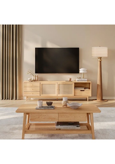Ahşap Rattan Kapak Detaylı Modern Tv Ünitesi Natürel