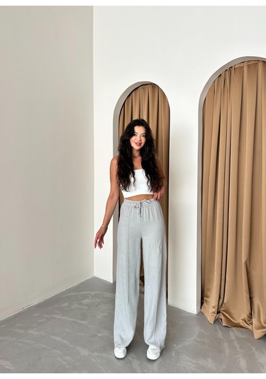 Gri %100 Keten Palazzo Pantolon Gri