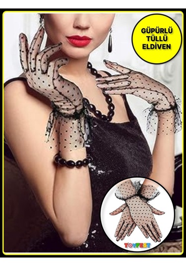 Güpürlü Tüllü Puantiyeli Şeffaf Parti Kostüm Kına Düğün & Gelin Eldiveni Siyah Çok Renkli