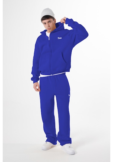 Flaw Nakışlı Zip Hoodie-28830 Saks Mavi