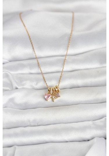316l Çelik Gold Pembe Zirkon Taşlı Charmlı Kadın Kolye Çok Renkli