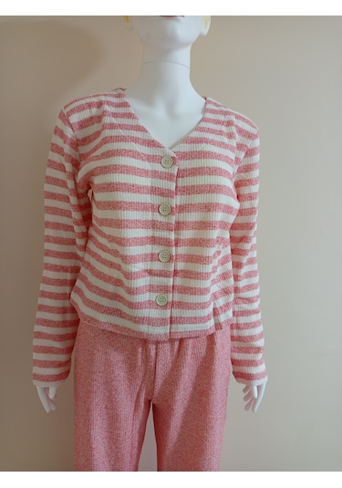 Crop Kesim Çizgili Pijama Takımı Dowry Pembe