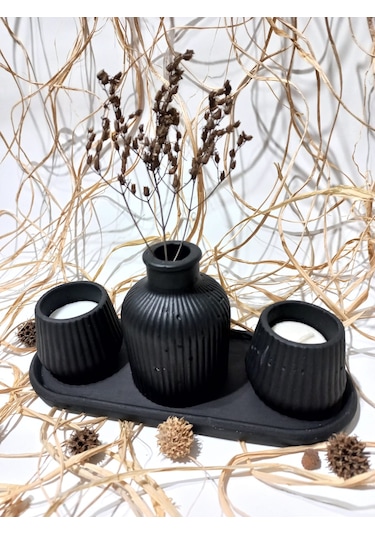 Küp Vazolu Tabaklı Tealight Mumluk Set Siyah