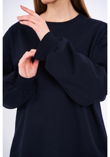 Comeor Lacivert Kadın Pamuklu Oversize Basic Bisiklet Yaka Sweatshirt 001