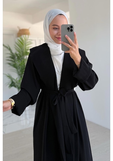 Sırt Detay Dökümlü Abaya - Siyah Siyah
