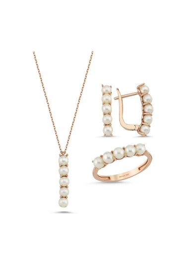 Beş Doğal İncili Küpe Kolye Yüzük Üçlü Set - 8 / Rose