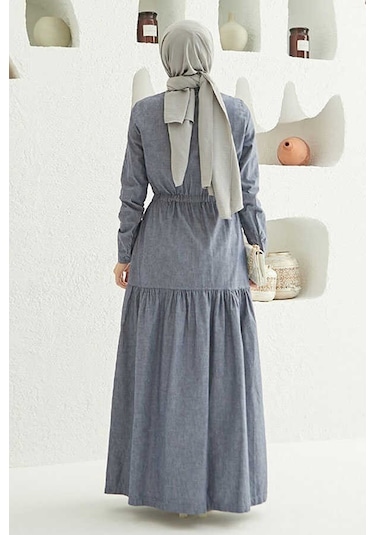 6581-bel Lastikli Düğmeli Elbise Koyu Mavi