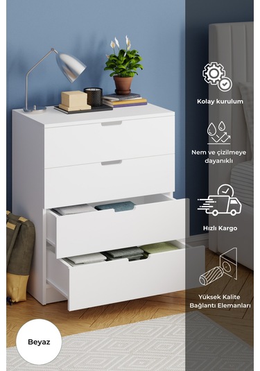 Lento 4 Çekmeceli Şifonyer Yatak Odası Bebek Odası Beyaz Beyaz