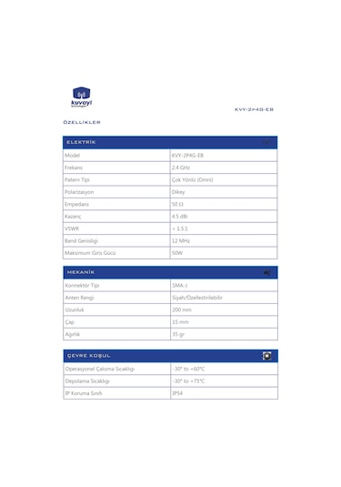 Kuvayi Technologies KVY-2P4G-EB 2.4 GHz Wi-Fi Bluetooth Anteni