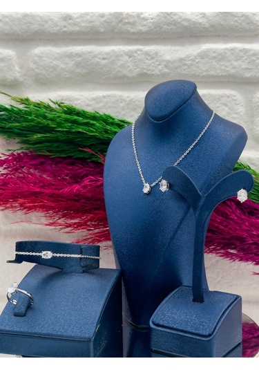 925 Ayar Gümüş Zirkon Taşlı Oval Model 4 Lü Popüler Kadın Takı Seti Gümüş