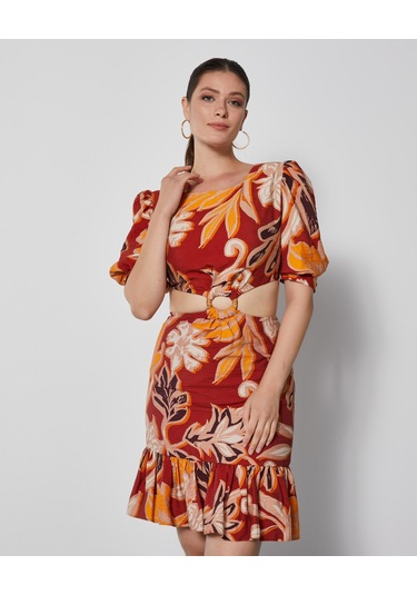 Desenli Kadın Mini Elbise - Pencere Detaylı - Modern Ve Şık - Günlük Ve Özel Günler İçin Elbise Kiremit