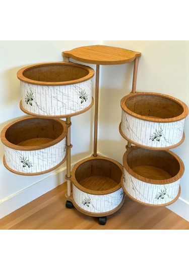 5 Katlı Ahşap Sebzelik Tekerlekli Naturel Gıdaya Uygun Kaliteli Mdf Modern Beyaz - Kahverengi