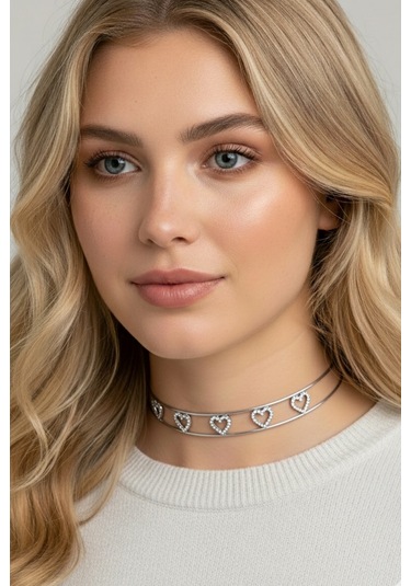 Caş Dekorasyon Gümüş Renk Kalpli Taşlı Choker Kolye Gümüş