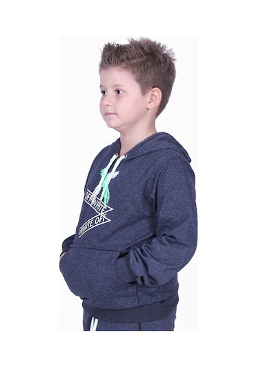 X Baskılı Kanguru Cepli Kapüşonlu Erkek Çocuk Füme Sweatshirt Füme