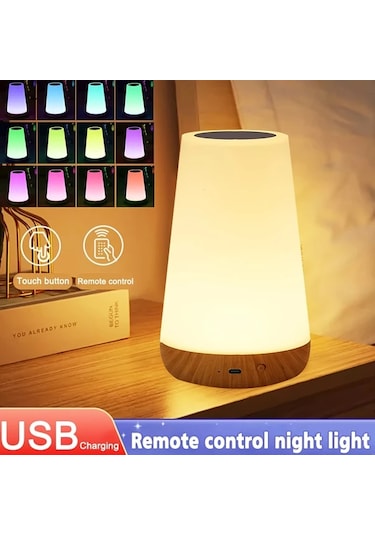 Boatshop1 Modern Usb Şarj Edilebilir Rgb Gece Lambası Uzaktan Kumandalı 5 Seviye Parlaklık 12 Renk Dokunmatik Ahşap Taneli Yatak Odası Ofis Dekoru Ahşap