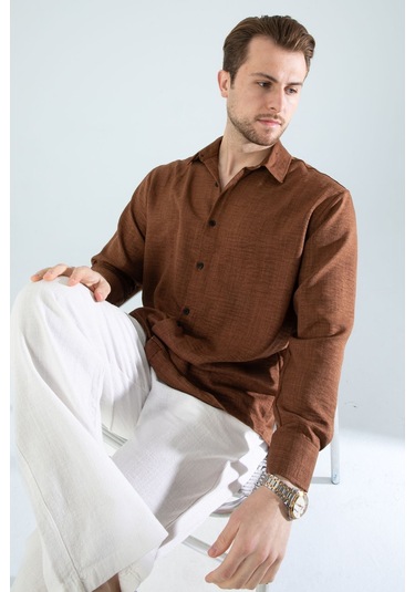 Rahat Kesim Keten Dokulu Gömlek Koyu Kahve