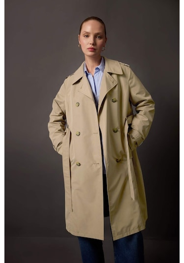 Defacto Su İtici Mevsimlik Trençkot Kruvaze Yaka Düğmeli Cepli Kemerli Apoletli A0593AX24SPBN425 Kahve