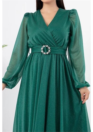 Neşeli Butik Kadın Kemer Ve Vatka Detaylı Simli Midi Elbise Rymy3590 Yeşil