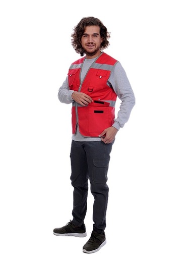 Çok Cepli Alet Yelek Kırmızı / Gri Reflektörlü