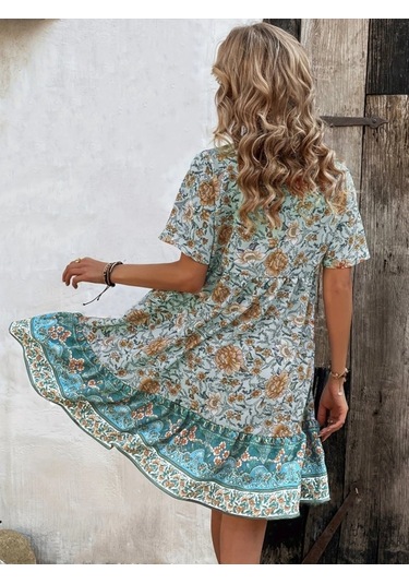 Kadın Kısa Kollu Yakası Bağcıklı Önden Düğmeli Fırfır Desenli Süprem Elbise Mavi