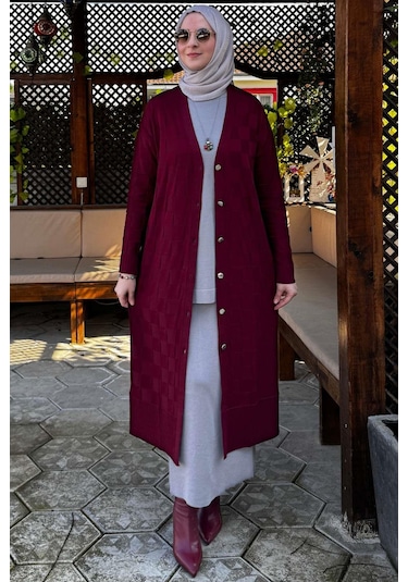 Dama Desenli Triko Hırka Bordo Çok Renkli