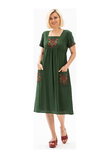 Kısa Kol Şile Bezi Melek Midi Boy Elbise Yeşil