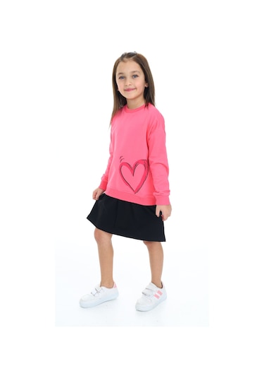 Toontoy Kız Çocuk Eteği Kadife Kalp Baskılı Elbise Fuşya