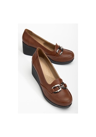 Kadın Dolgu Topuklu Ayakkabı Taba Yüzlü Tokalı-3675 Taba