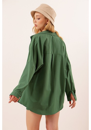 Bigdart 3900 Oversize Uzun Basic Kadın Gömlek Zümrüt Yeşili 001