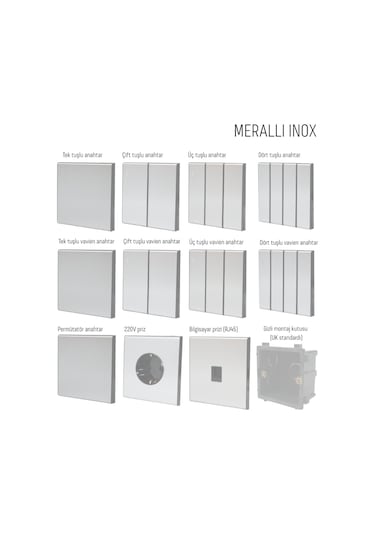 MERALLI INOX 3'lü anahtar, hakiki fırçalanmış paslanmaz çelik, çerçevesiz 86×86 Modüler  kasa dahil
