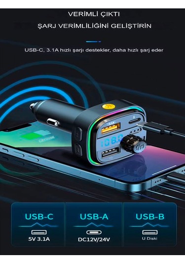Car-in Bluetooth Wireless 3.1a 2usb Tf Kartlı Type-c Rgb Işıklı A