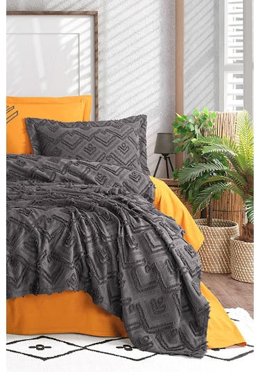 İyi Geceler İstanbul Aztec Antrasit Çift Kişilik %100 Pamuk Yatak Örtüsü Seti Antrasit