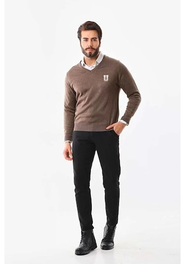 Baskılı V Yaka Uzun Kol Dokuma Triko - Kahve Kahve