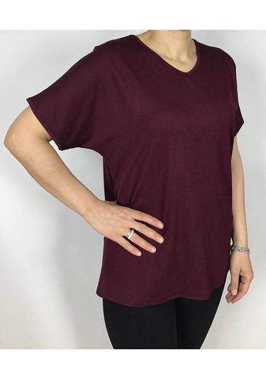Kısa Kol V Yaka Likralı Düz Penye Bluz Bordo
