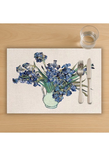 Vazoda İrisler Tasarımlı Amerikan Servis, Tabak Altlığı & Şık Masa Dekoru, Ev Hediyesi, 2 Adet Krem