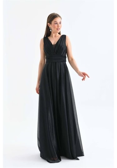 Dip Moda Kadın Astarlı Sim Detaylı Uzun Abiye Elbise Dpnbs9223 Siyah
