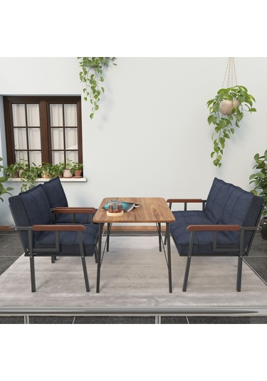 Mygusi Modern Balkon, Bahçe, Cafe - Metal Kanepe Koltuk Takımı - 2+1+1 Masa Lacivert