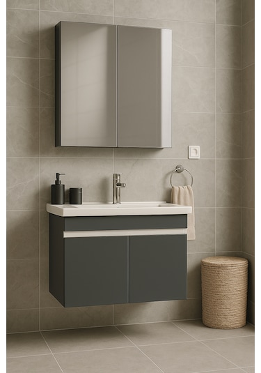 Arista 80 Cm Antrasit Mdf, Seramik Lavabolu, Alt Ve Üst Dolap Antrasit